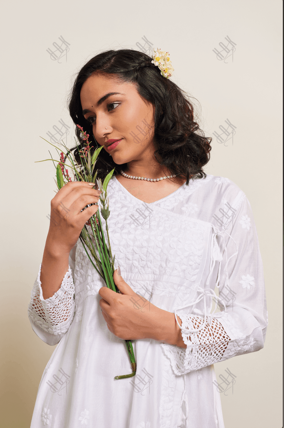 Samma Chikankari Angrakha Long Kurta in Chanderi Silk for Women - white - House Of Kari (Chikankari Clothing)