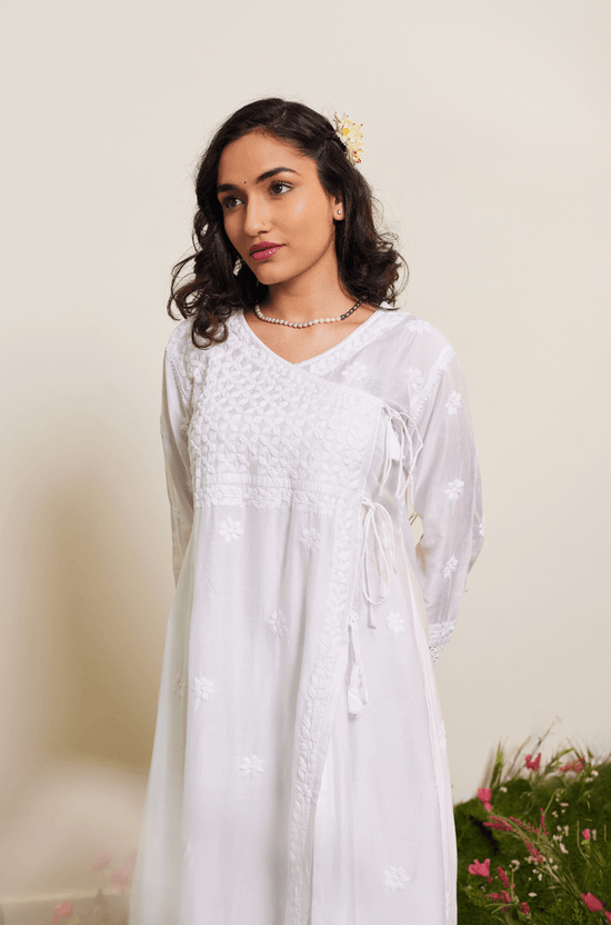 Samma Chikankari Angrakha Long Kurta in Chanderi Silk for Women - white - House Of Kari (Chikankari Clothing)