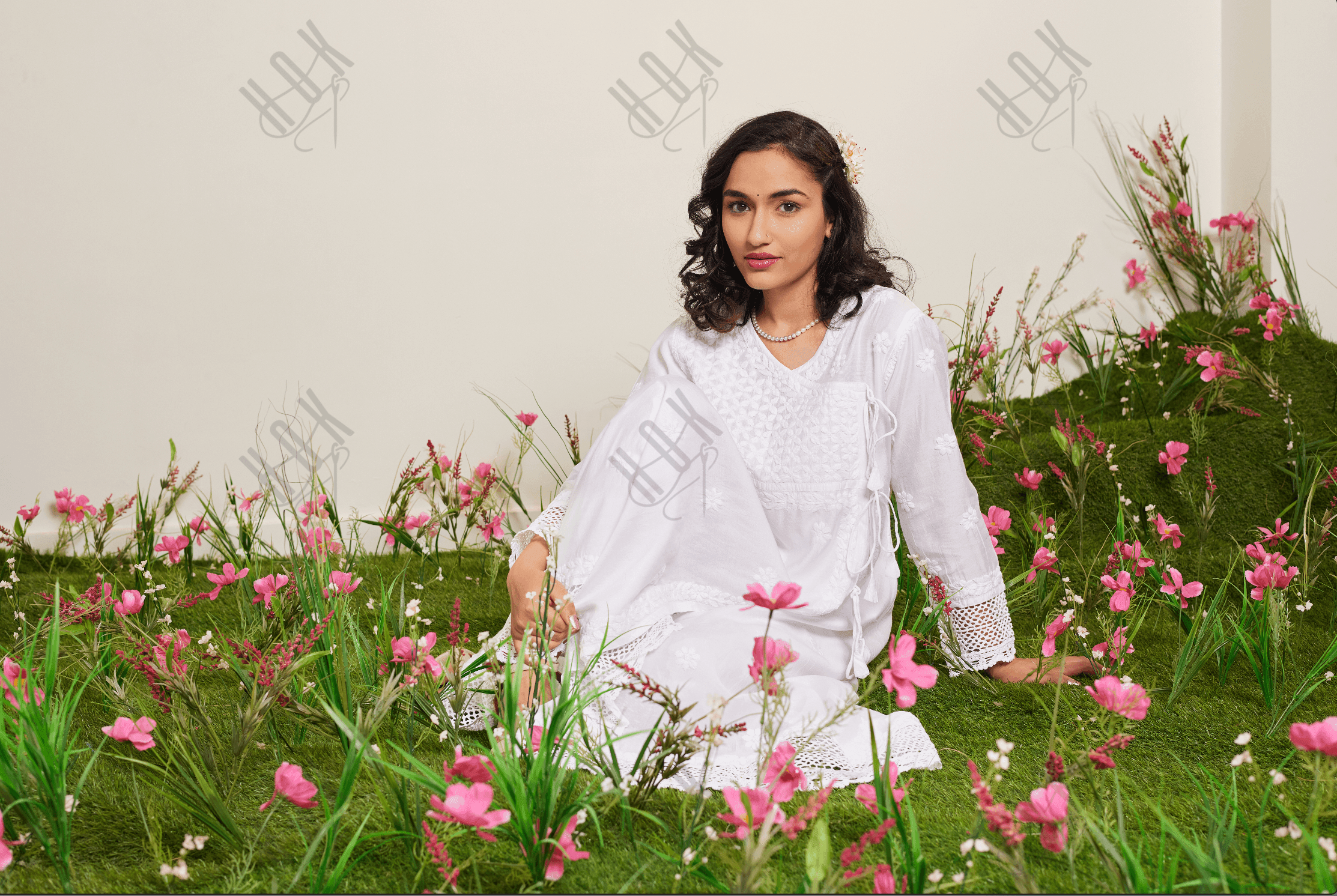 Samma Chikankari Angrakha Long Kurta in Chanderi Silk for Women - white - House Of Kari (Chikankari Clothing)