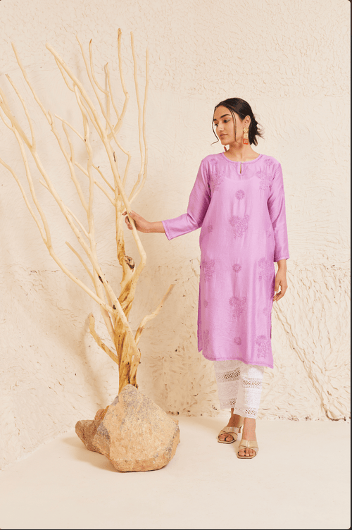 Samma Chikankari Long Kurta Notch Neck in Chanderi Silk for Women - Purple - House Of Kari (Chikankari Clothing)