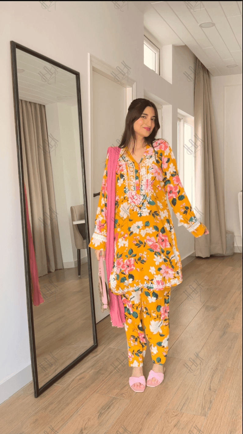 Farheen in Samma Chikankari Co-ord set in Printed Rayon Cotton for Women- Yellow - House Of Kari (Chikankari Clothing)