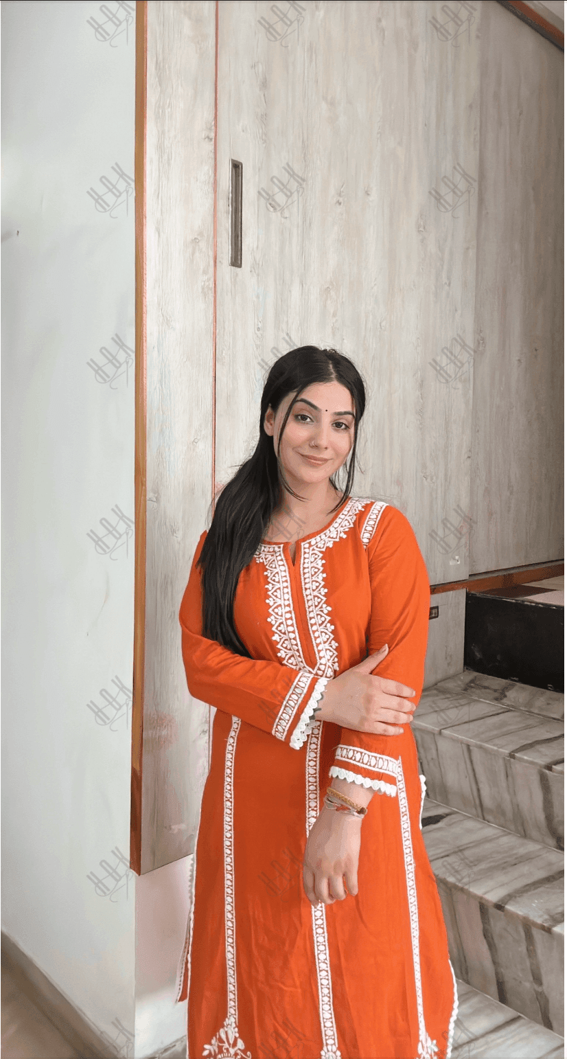 Aditi in HOK Chikankari Long Kurta in Cotton for Women- Orange - House Of Kari (Chikankari Clothing)