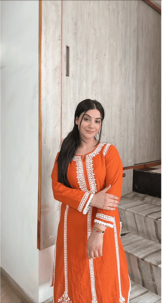 Aditi in HOK Chikankari Long Kurta in Cotton for Women- Orange - House Of Kari (Chikankari Clothing)