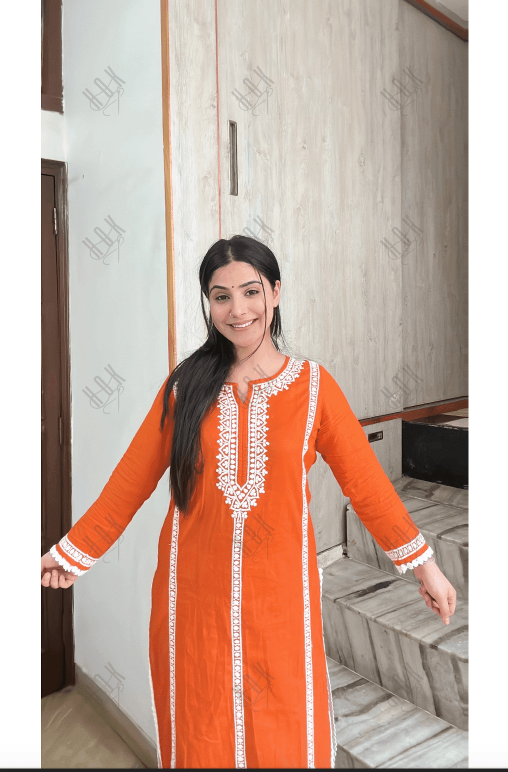 Aditi in HOK Chikankari Long Kurta in Cotton for Women- Orange - House Of Kari (Chikankari Clothing)