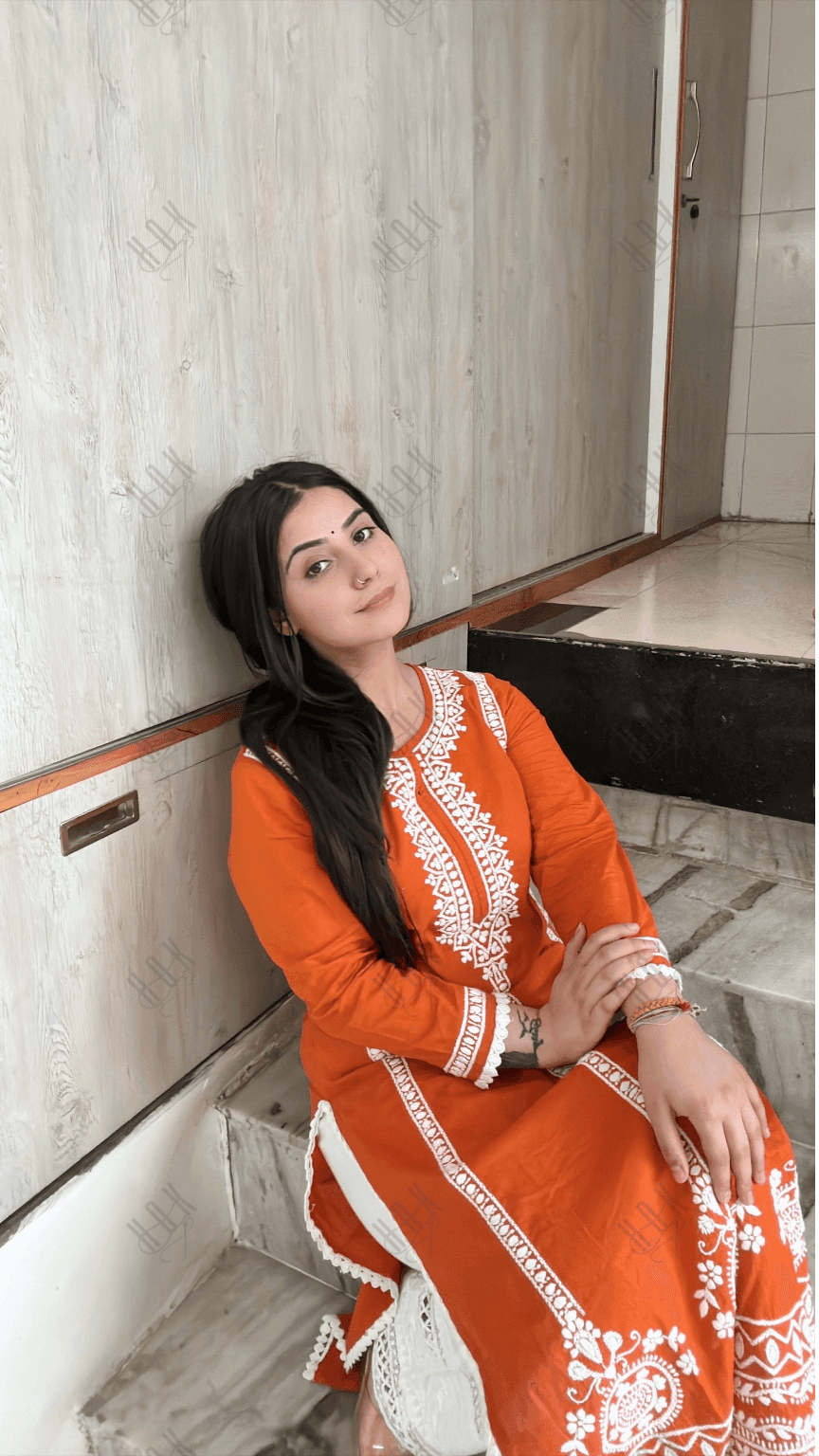 Aditi in HOK Chikankari Long Kurta in Cotton for Women- Orange - House Of Kari (Chikankari Clothing)