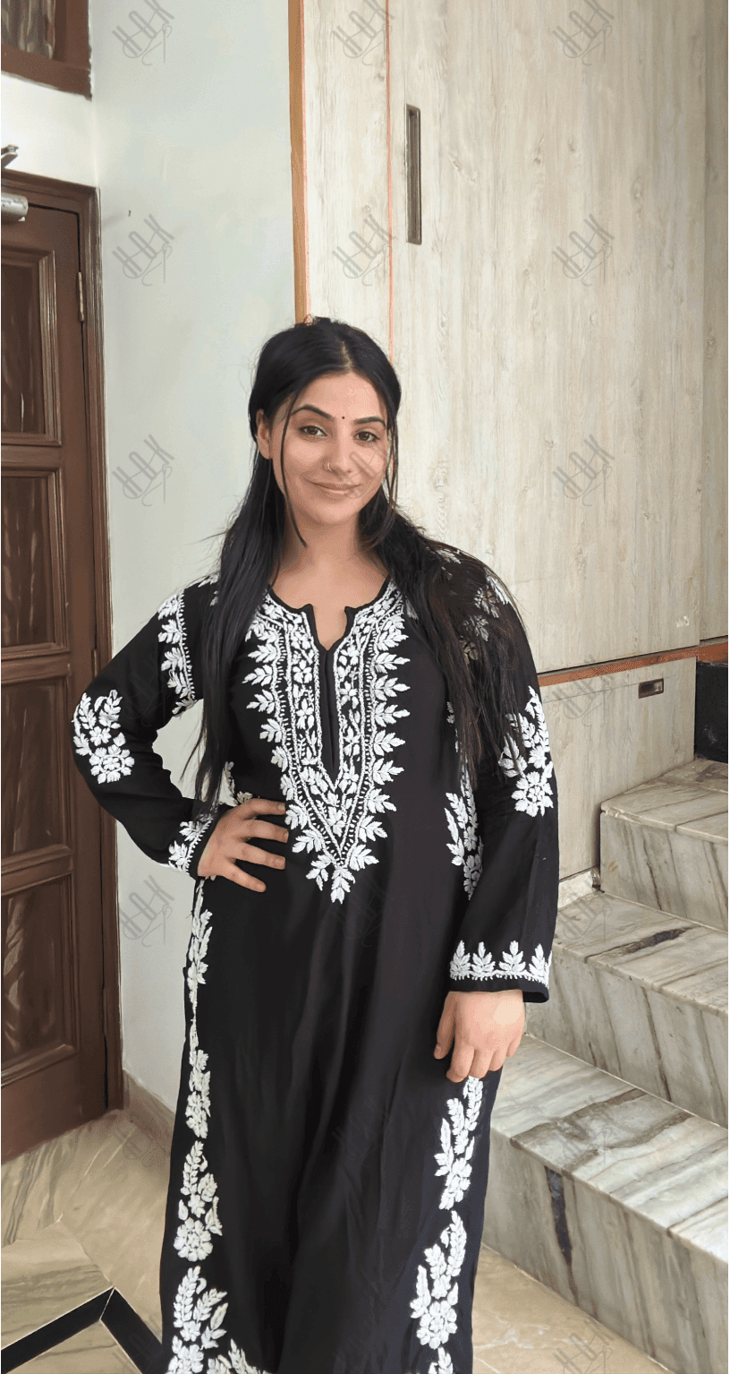 Aditi in HOK Chikankari Long Kurta in Rayon Cotton for Women- Black - House Of Kari (Chikankari Clothing)