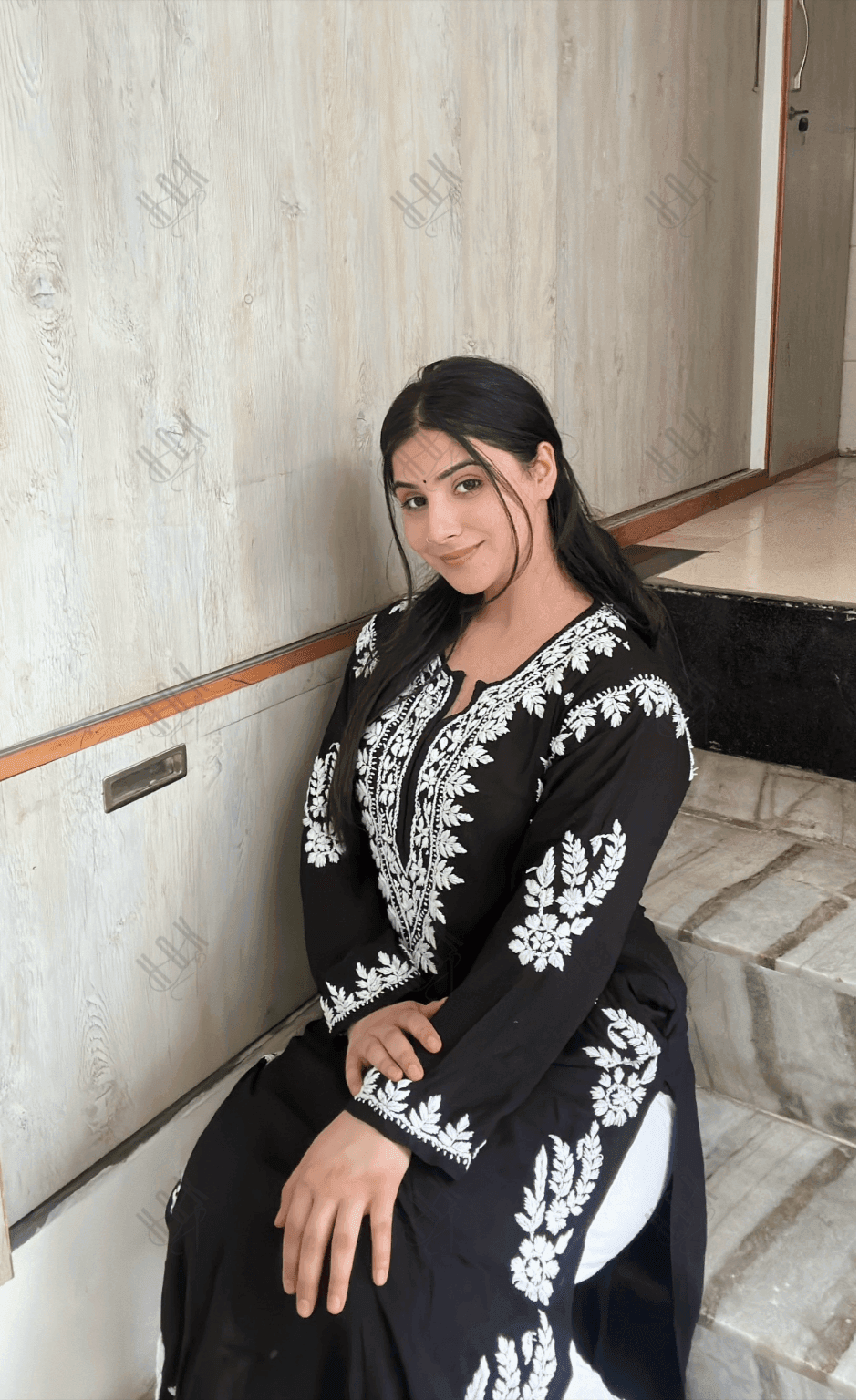 Aditi in HOK Chikankari Long Kurta in Rayon Cotton for Women- Black - House Of Kari (Chikankari Clothing)