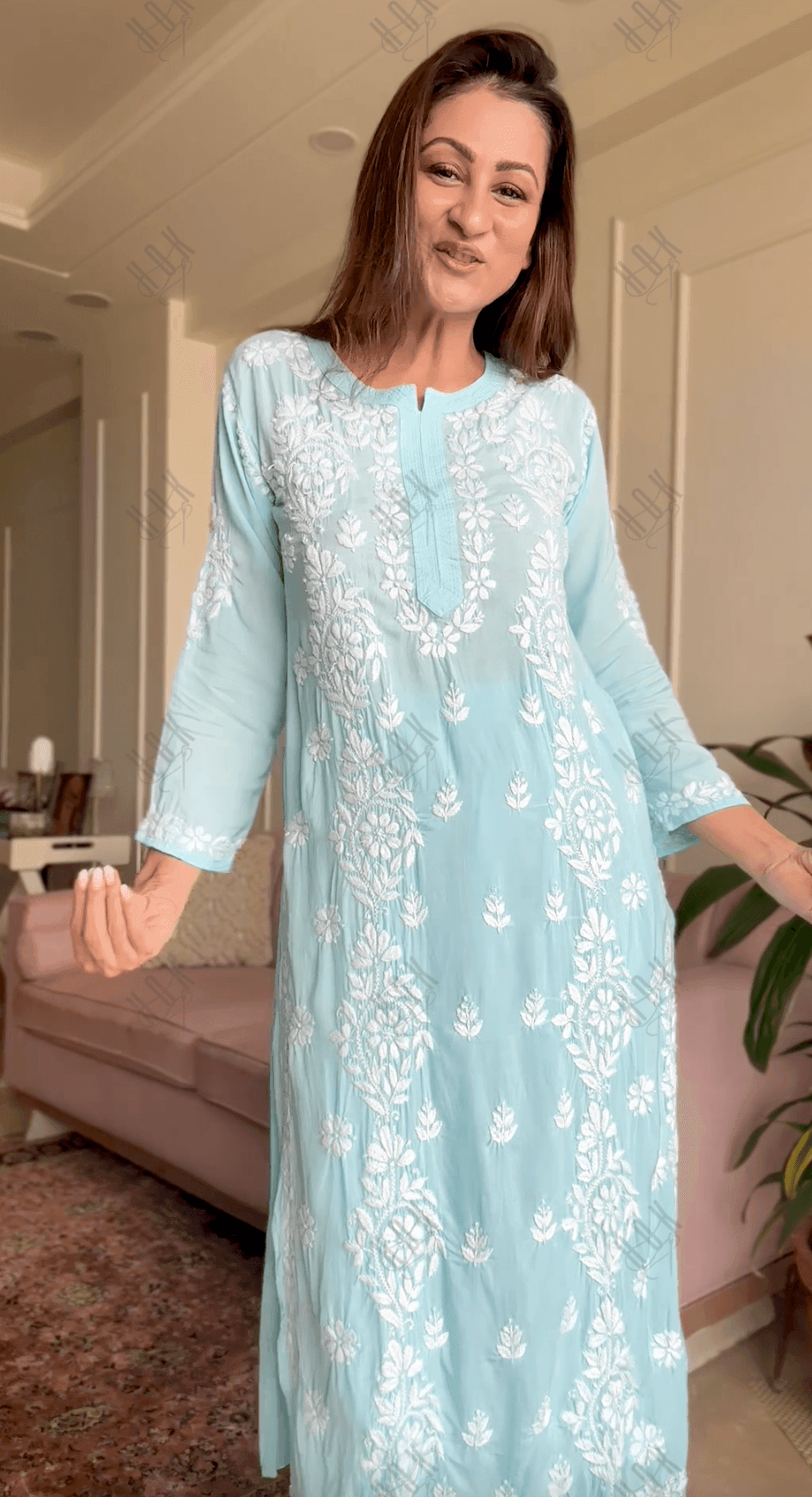 Sukhneet in Chikankari CO-ORD Set In Modal Cotton for Women In Light Blue - House Of Kari (Chikankari Clothing)