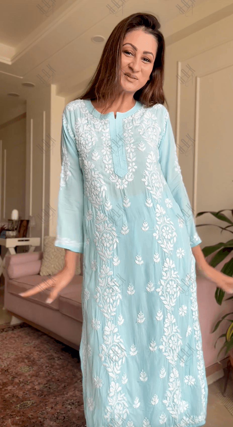 Sukhneet in Chikankari CO-ORD Set In Modal Cotton for Women In Light Blue - House Of Kari (Chikankari Clothing)