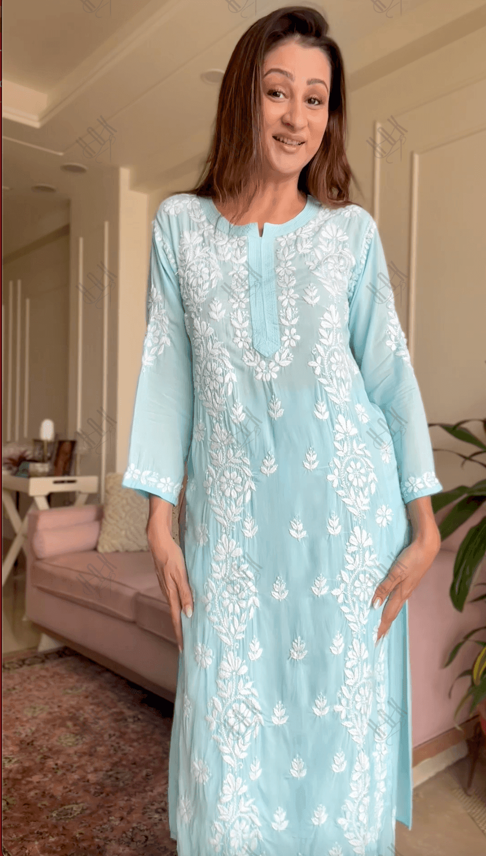 Sukhneet in Chikankari CO-ORD Set In Modal Cotton for Women In Light Blue - House Of Kari (Chikankari Clothing)