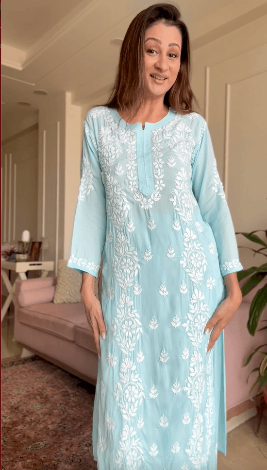 Load image into Gallery viewer, Sukhneet in Chikankari CO-ORD Set In Modal Cotton for Women In Light Blue - House Of Kari (Chikankari Clothing)
