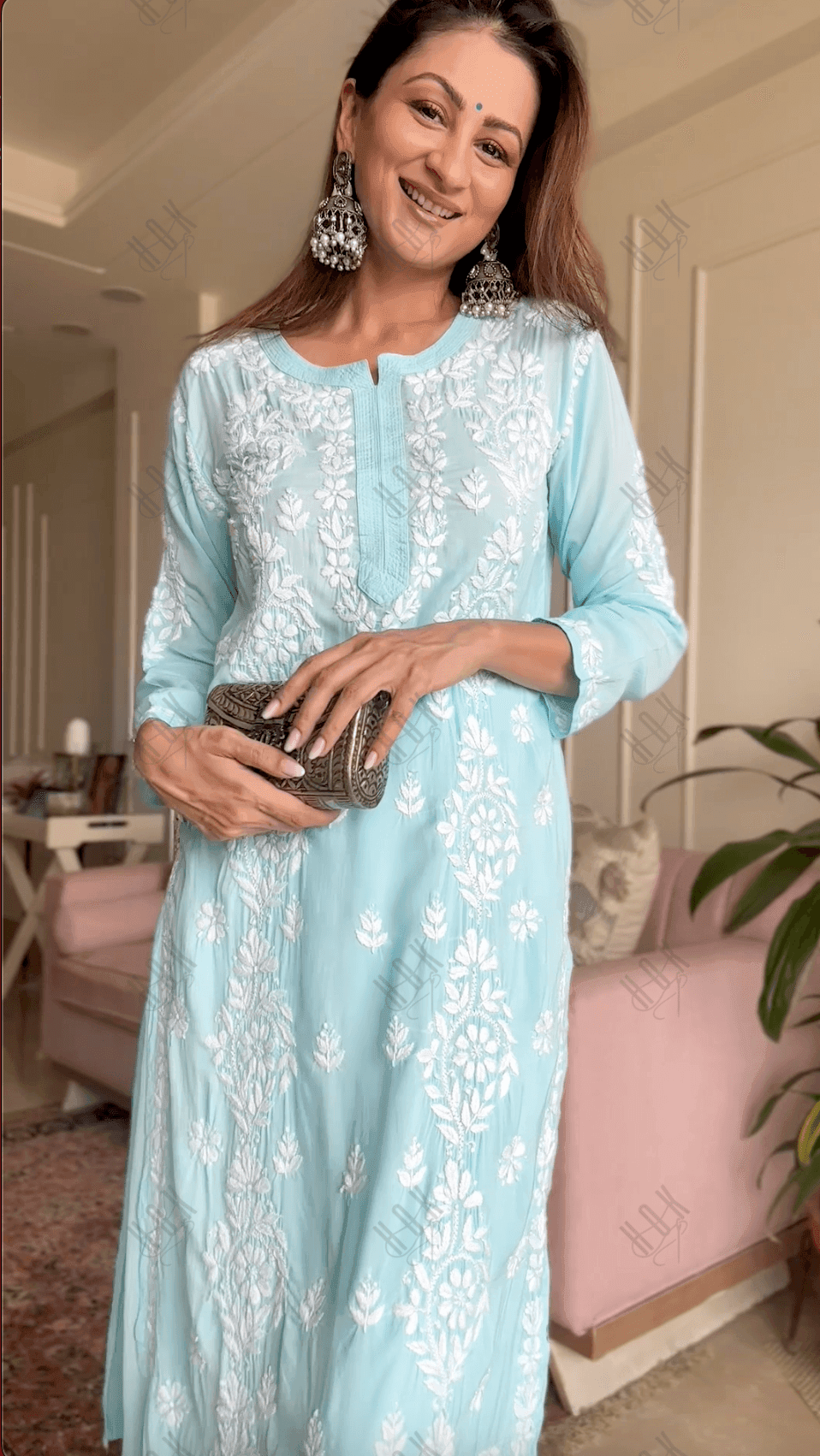 Sukhneet in Chikankari CO-ORD Set In Modal Cotton for Women In Light Blue - House Of Kari (Chikankari Clothing)