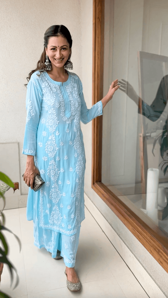 Load image into Gallery viewer, Sukhneet in Chikankari CO-ORD Set In Modal Cotton for Women In Light Blue - House Of Kari (Chikankari Clothing)
