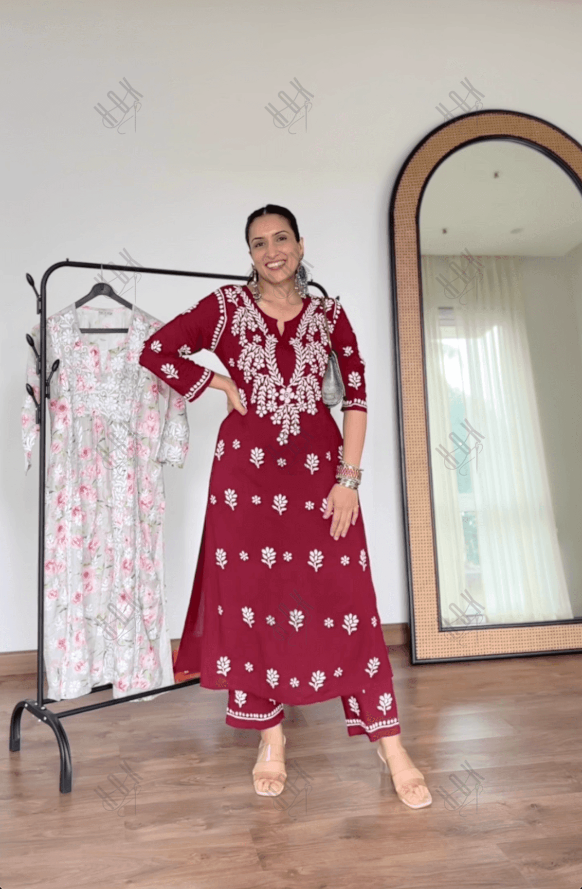 Urmi in Fizaa Chikankari Long Modal Kurta Set - Maroon - House Of Kari (Chikankari Clothing)