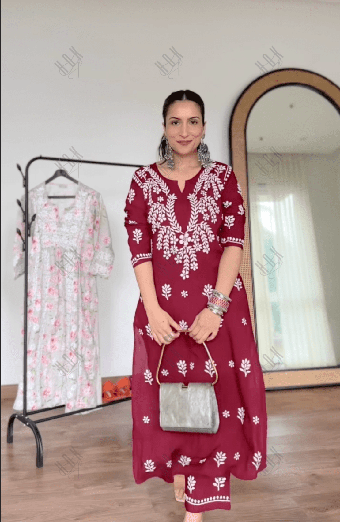 Urmi in Fizaa Chikankari Long Modal Kurta Set - Maroon - House Of Kari (Chikankari Clothing)