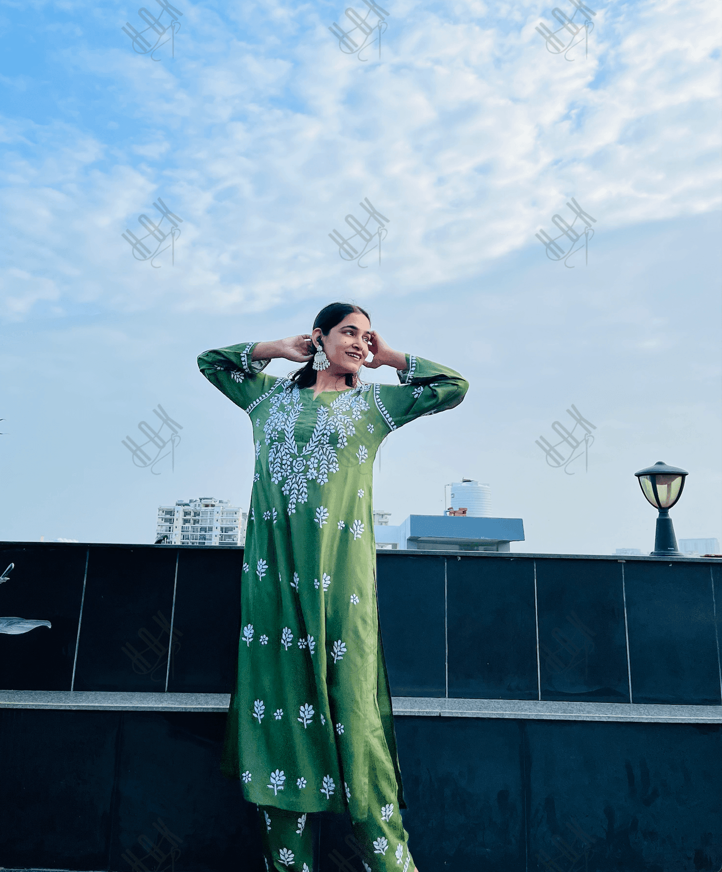 Tarika in Fizaa Chikankari Long Modal Kurta Set - Bottle Green - House Of Kari (Chikankari Clothing)