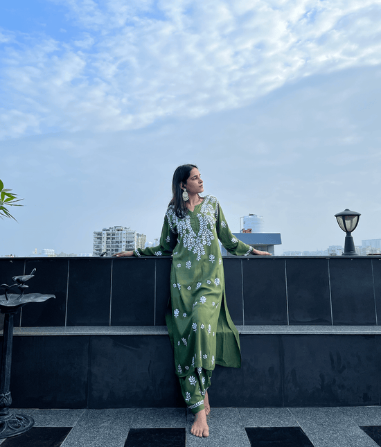 Tarika in Fizaa Chikankari Long Modal Kurta Set - Bottle Green - House Of Kari (Chikankari Clothing)