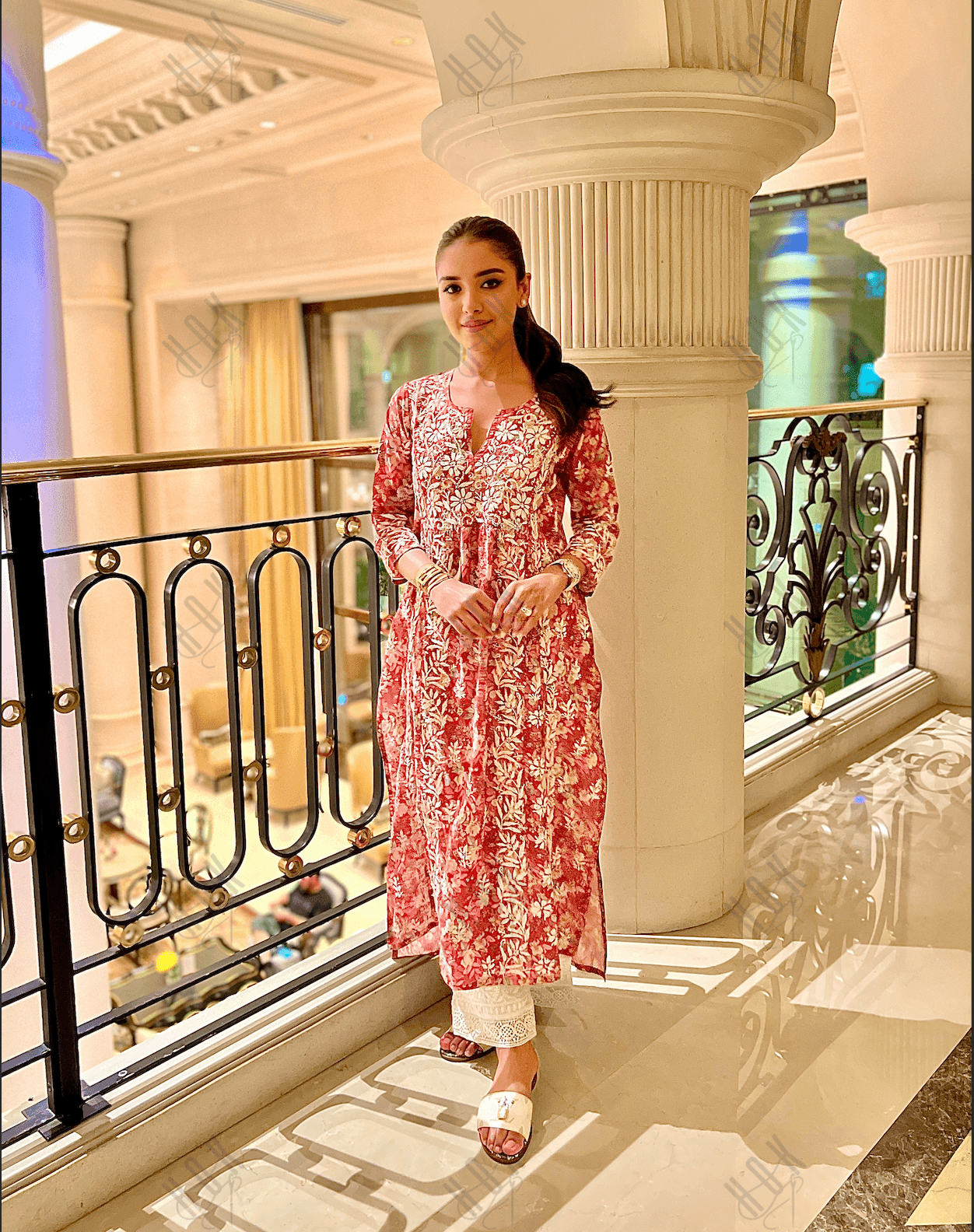 Shivani in Chikankari Long Kurta in Muslin Cotton for Women- Red Print - House Of Kari (Chikankari Clothing)