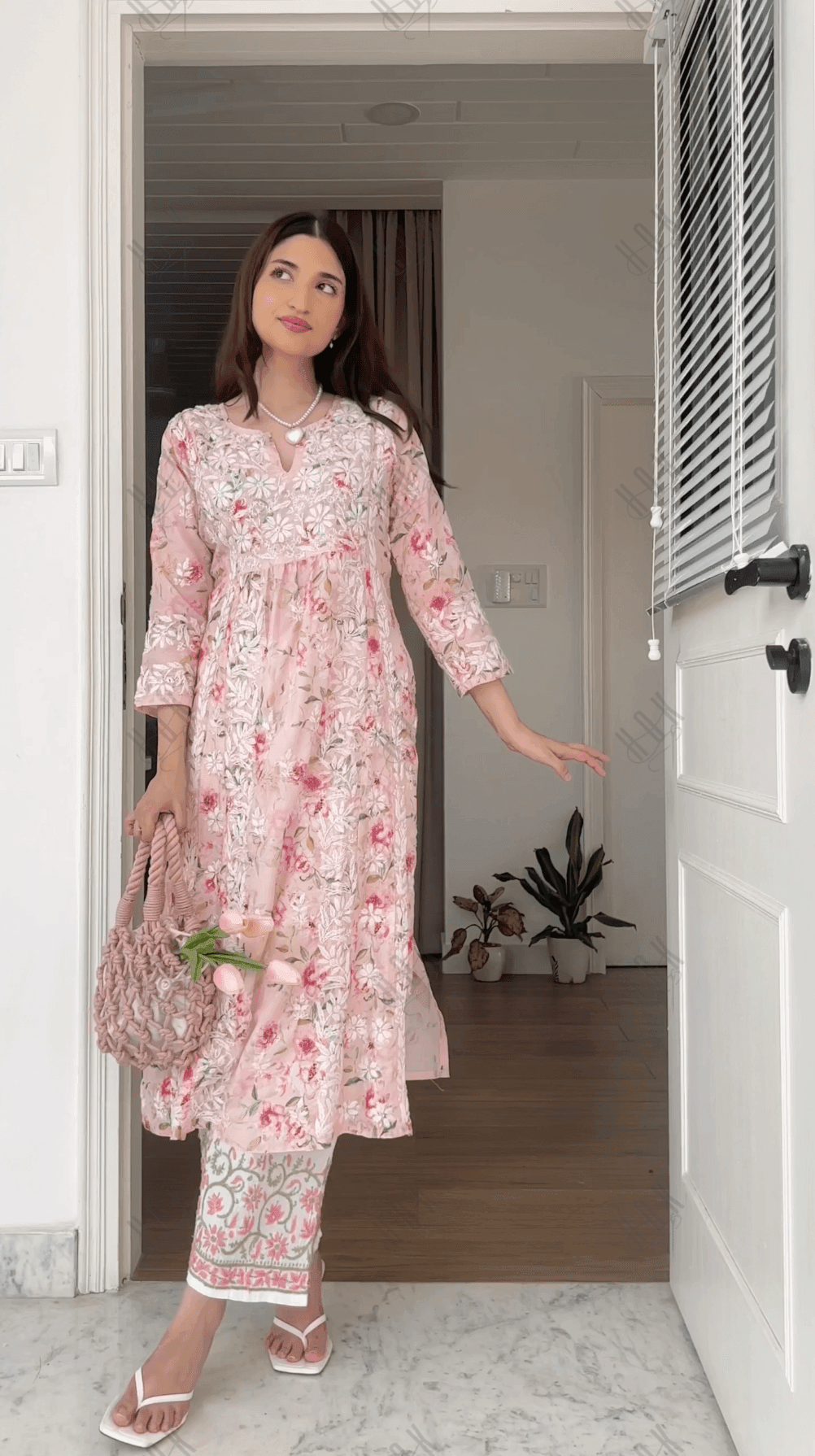 Farheen in Chikankari Long Kurta in Muslin Cotton for Women- Pink Print - House Of Kari (Chikankari Clothing)