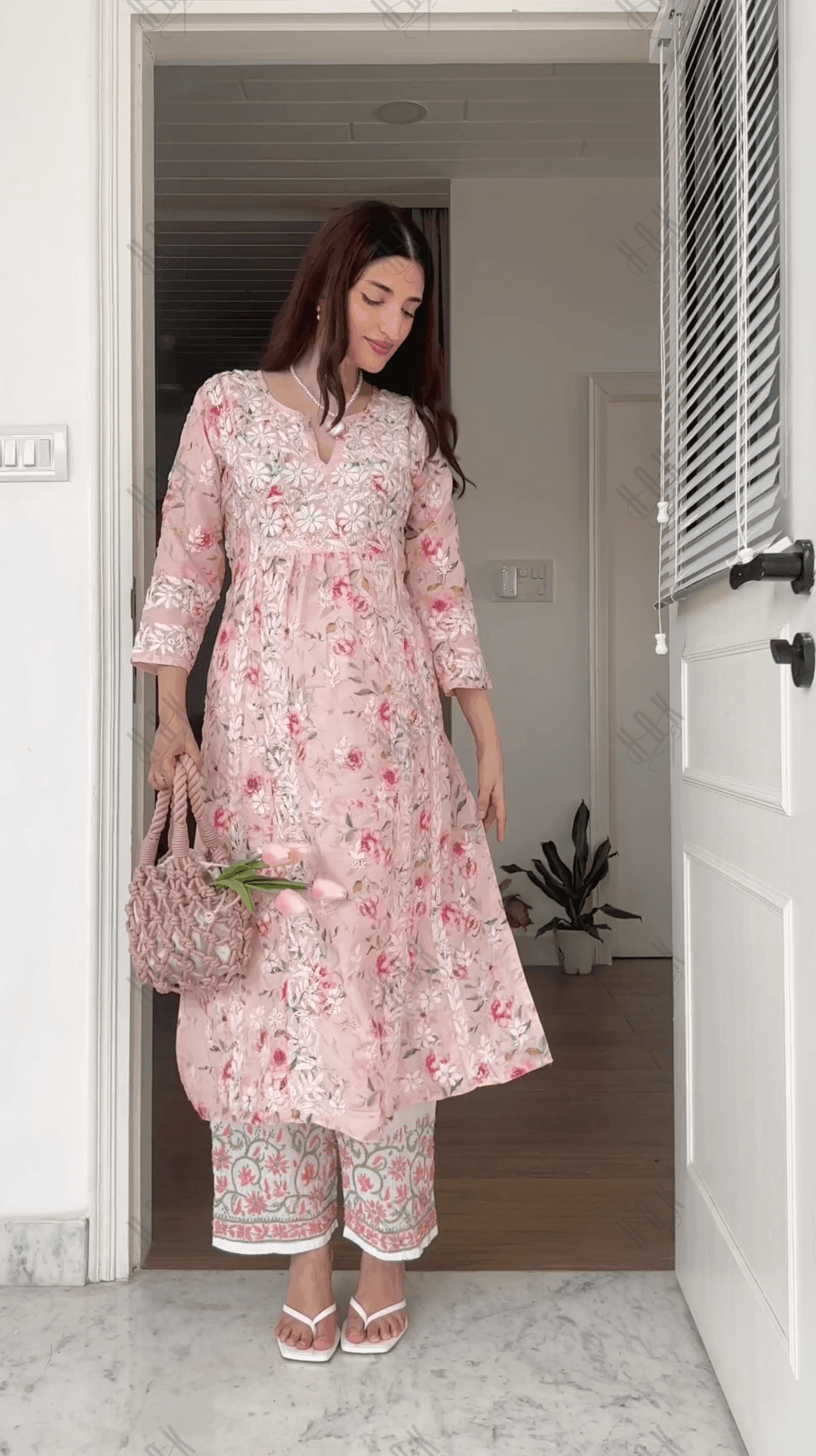 Farheen in Chikankari Long Kurta in Muslin Cotton for Women- Pink Print - House Of Kari (Chikankari Clothing)