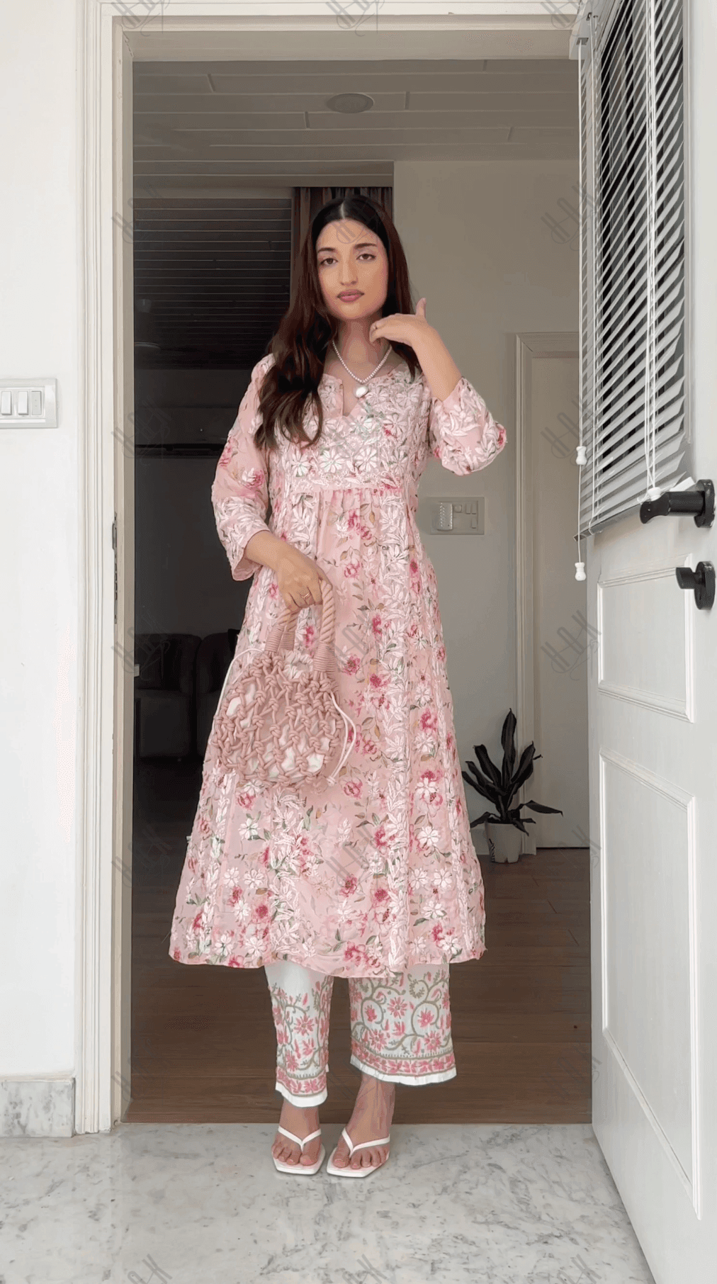 Farheen in Chikankari Long Kurta in Muslin Cotton for Women- Pink Print - House Of Kari (Chikankari Clothing)