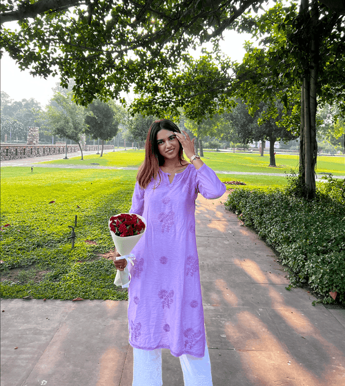 Bhavana in Chikankari Long Kurta Notch Neck in Chanderi Silk for Women - Purple - House Of Kari (Chikankari Clothing)