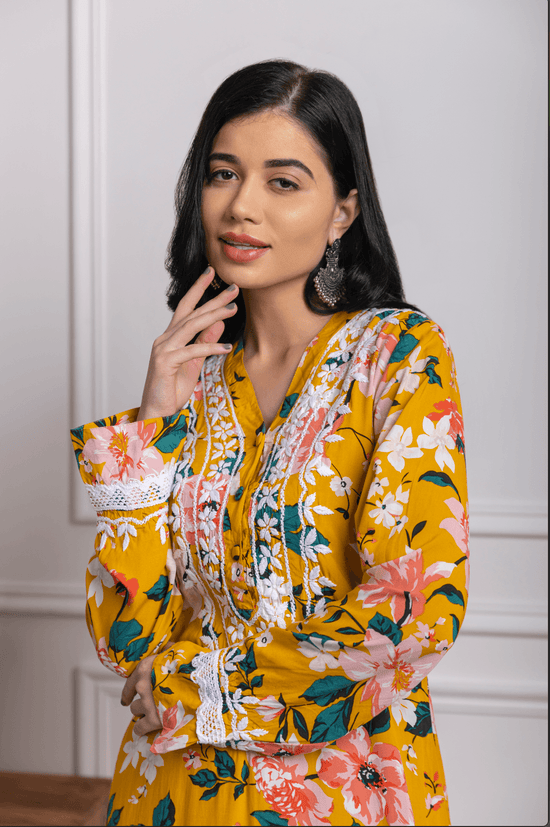Load image into Gallery viewer, Fizaa Chikankari Co-ord set in Printed Rayon Cotton for Women- Yellow
