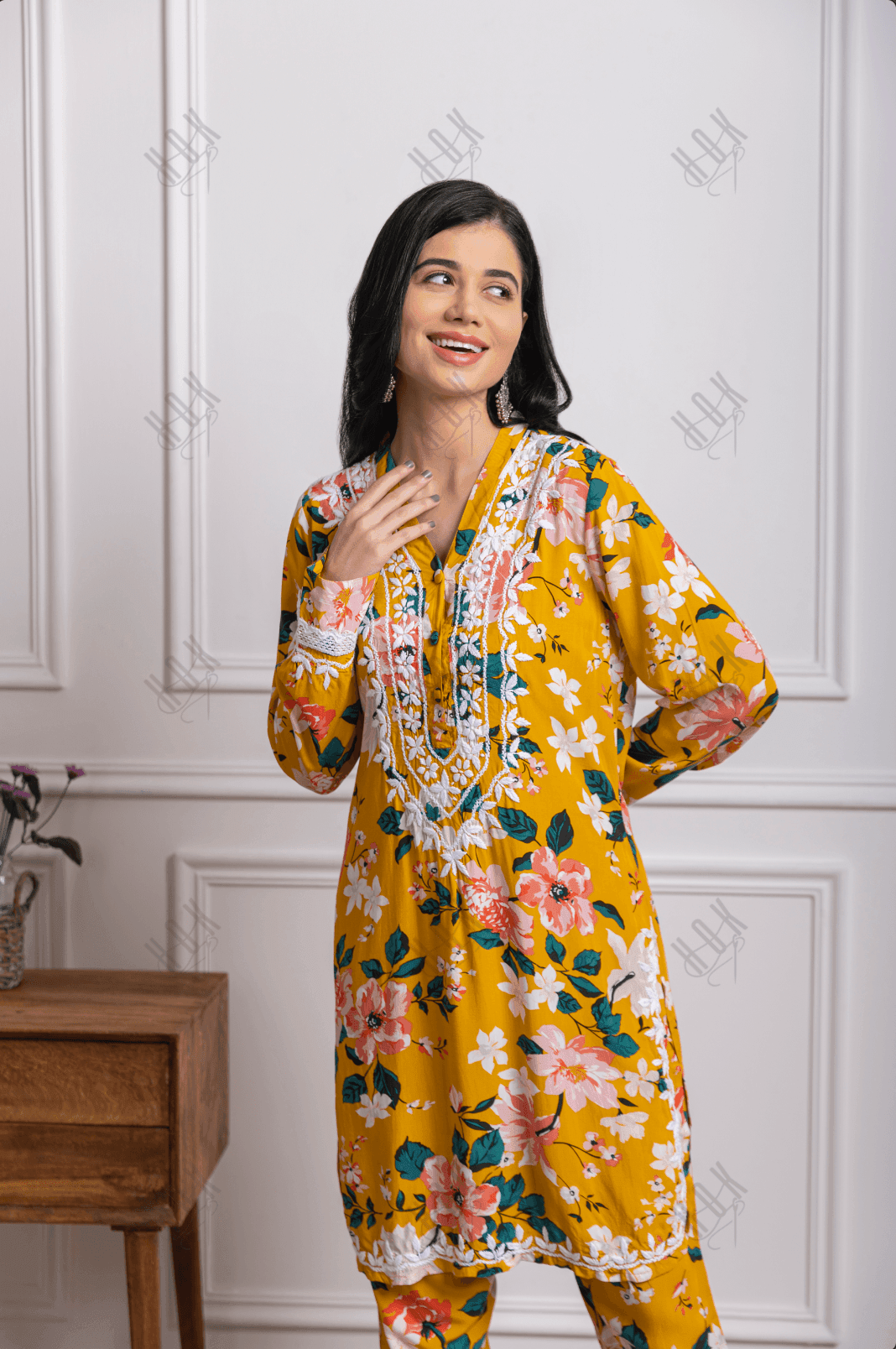 Fizaa Chikankari Co-ord set in Printed Rayon Cotton for Women- Yellow - House Of Kari (Chikankari Clothing)