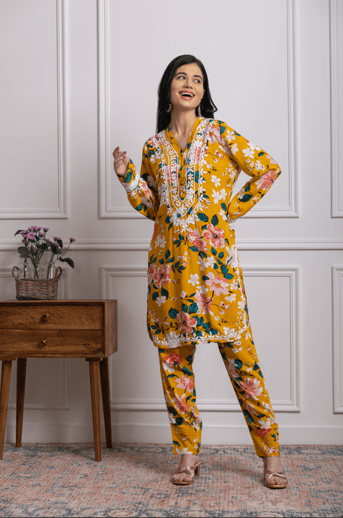 Load image into Gallery viewer, Fizaa Chikankari Co-ord set in Printed Rayon Cotton for Women- Yellow
