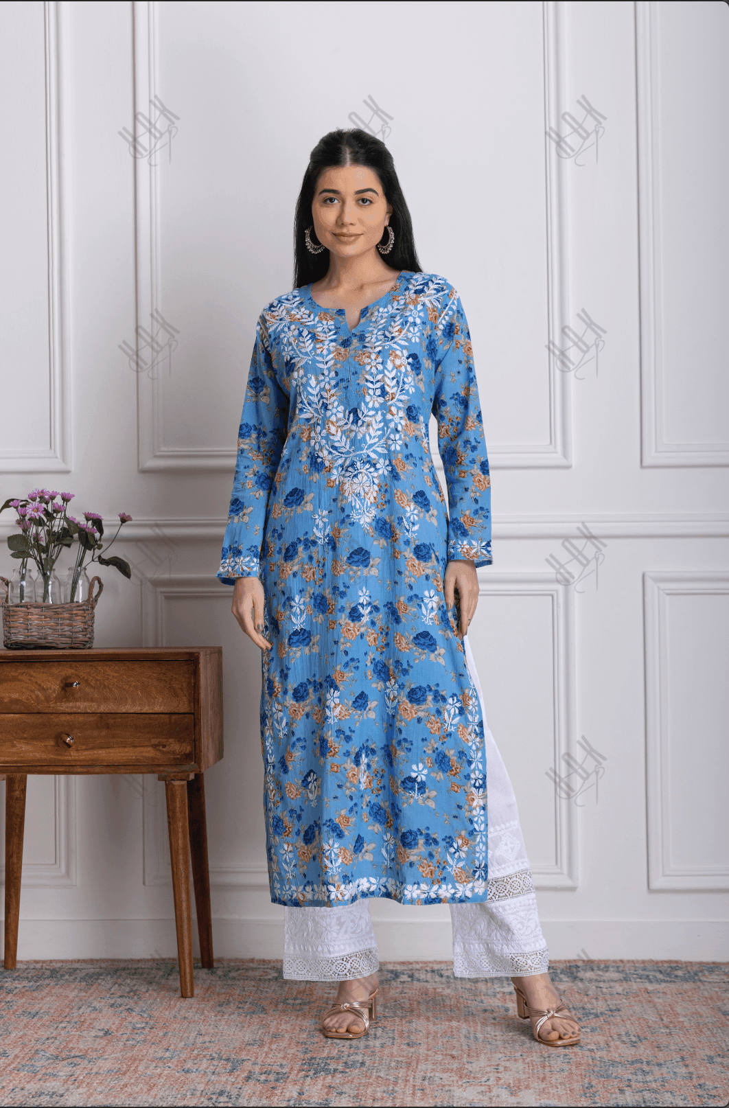 Fizaa Mul Printed Hand Embroidery Chikankari Kurta- Blue - House Of Kari (Chikankari Clothing)