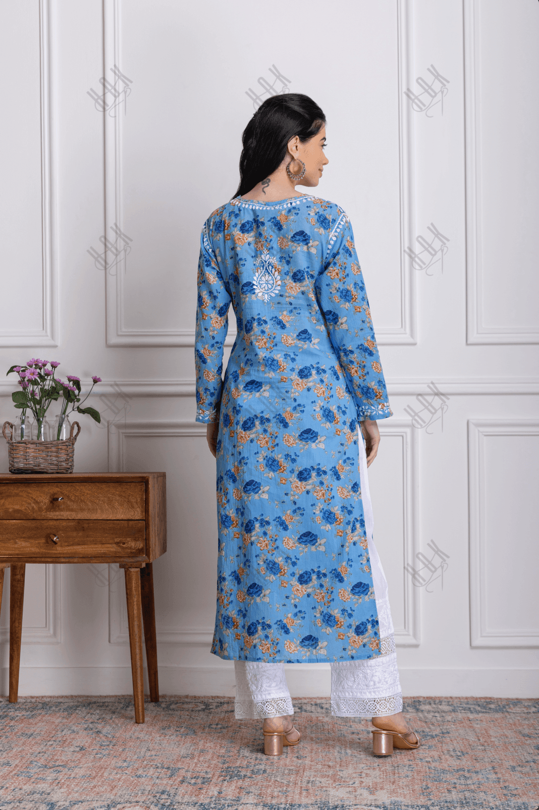 Fizaa Mul Printed Hand Embroidery Chikankari Kurta- Blue - House Of Kari (Chikankari Clothing)