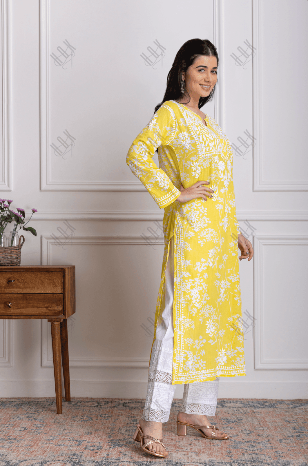 Fizaa Mul Printed Hand Embroidery Chikankari Kurta- Yellow - House Of Kari (Chikankari Clothing)