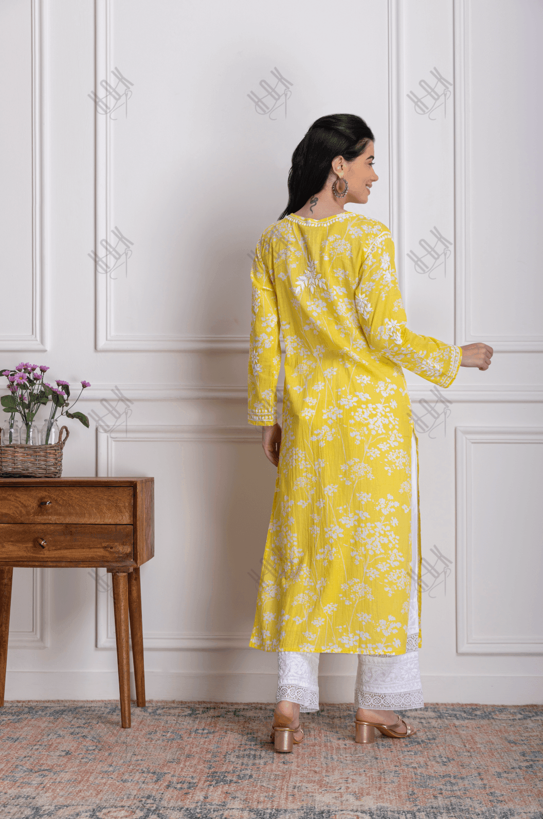 Fizaa Mul Printed Hand Embroidery Chikankari Kurta- Yellow - House Of Kari (Chikankari Clothing)