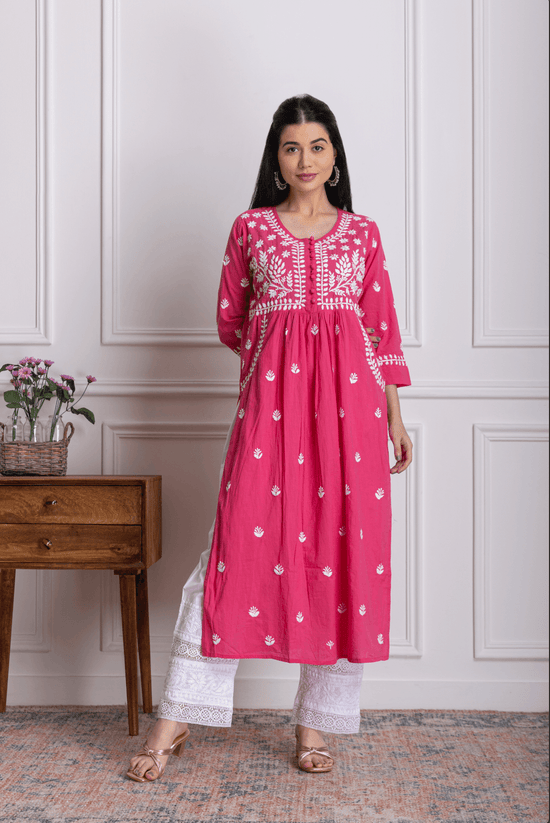 Ladies Pink Cotton Kurti, plain with buttons work at Rs 595 in New Delhi