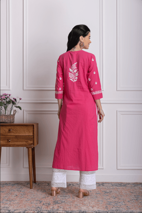 Fizaa Chikankari Kurti for Women With Pocket - Pink - House Of Kari (Chikankari Clothing)