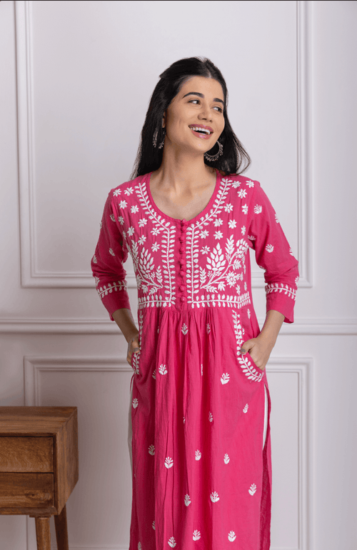 Fizaa Chikankari Kurti for Women With Pocket - Pink - House Of Kari (Chikankari Clothing)