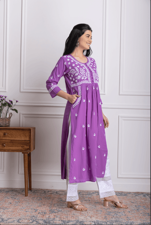 Fizaa Chikankari Kurti for Women With Pocket - Purple - House Of Kari ...