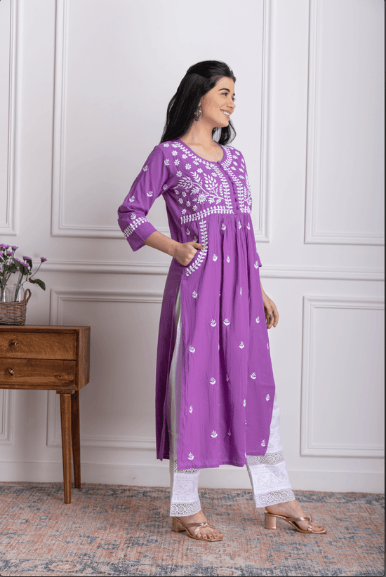 Load image into Gallery viewer, Fizaa Chikankari Kurti for Women With Pocket - Purple - House Of Kari (Chikankari Clothing)

