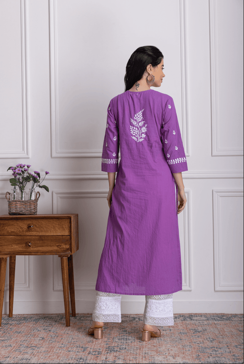 Load image into Gallery viewer, Fizaa Chikankari Kurti for Women With Pocket - Purple - House Of Kari (Chikankari Clothing)
