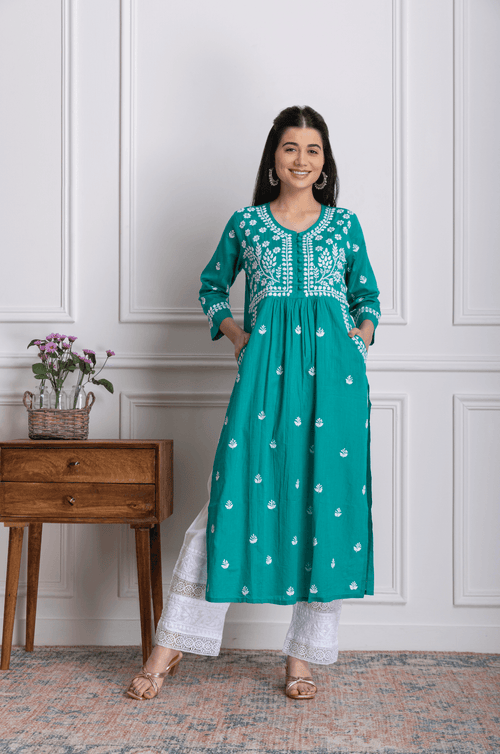 Fizaa Chikankari Kurti for Women With Pocket - Green - House Of Kari (Chikankari Clothing)