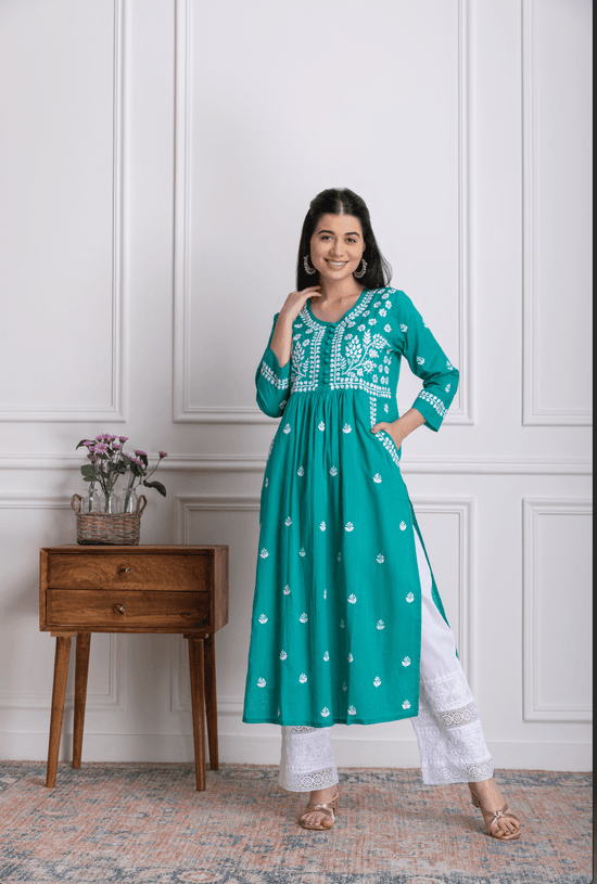 Fizaa Chikankari Kurti for Women With Pocket - Green - House Of Kari (Chikankari Clothing)