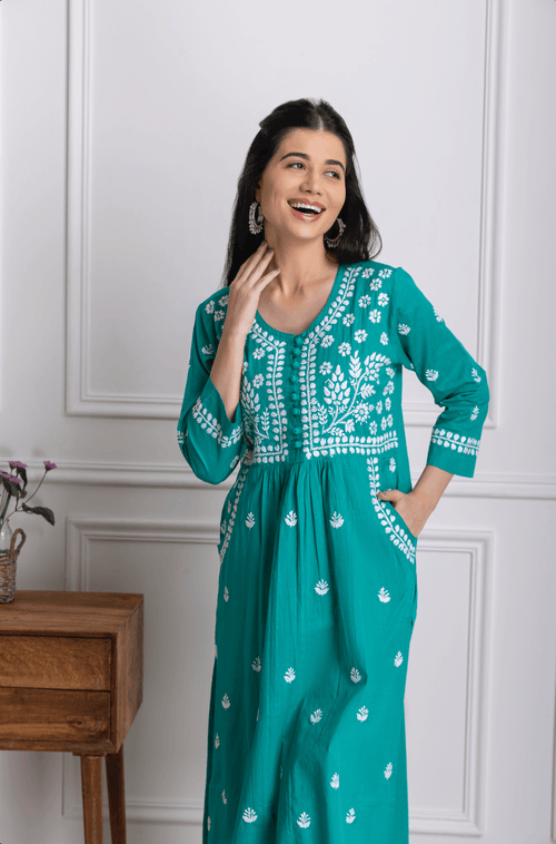 Fizaa Chikankari Kurti for Women With Pocket - Green