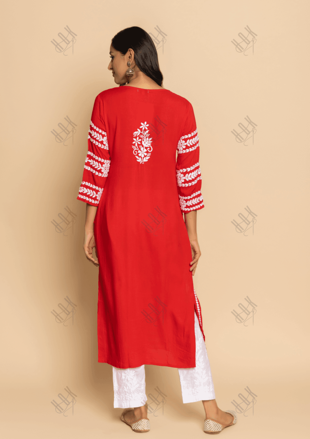 Farheen in Chikankari Long Kurta in Rayon Cotton for Women- Red - House Of Kari (Chikankari Clothing)