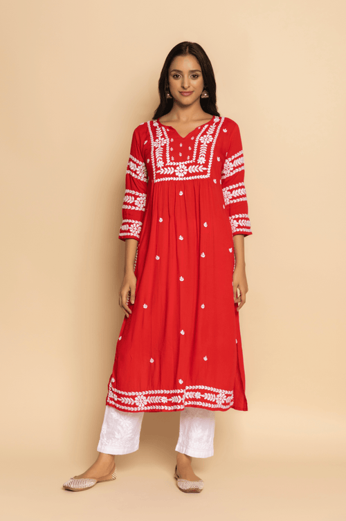 Farheen in Chikankari Long Kurta in Rayon Cotton for Women- Red - House Of Kari (Chikankari Clothing)
