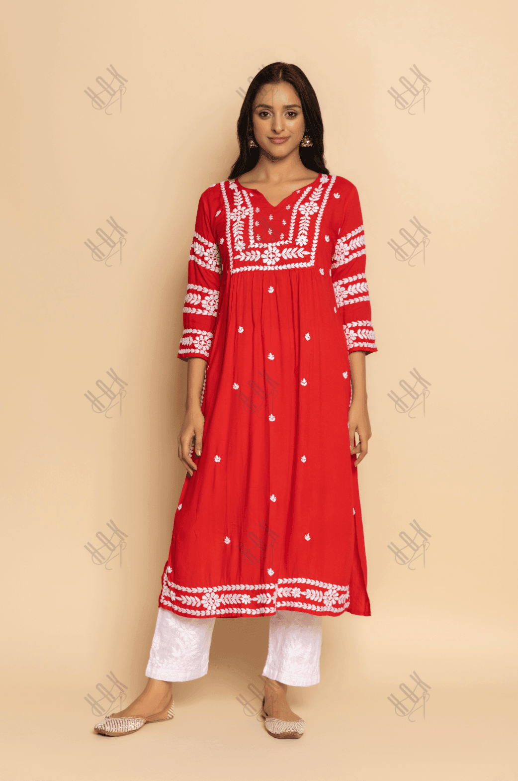 Fizaa in Chikankari Long Kurta in Rayon Cotton for Women- Red - House Of Kari (Chikankari Clothing)