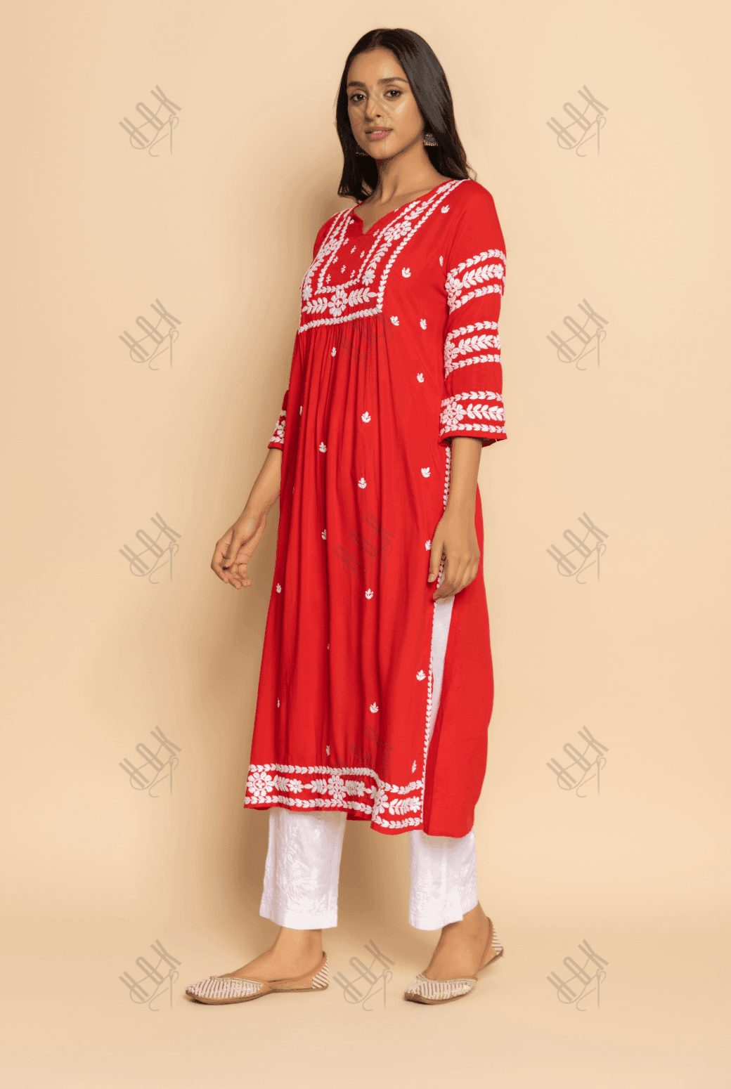 Farheen in Chikankari Long Kurta in Rayon Cotton for Women- Red - House Of Kari (Chikankari Clothing)