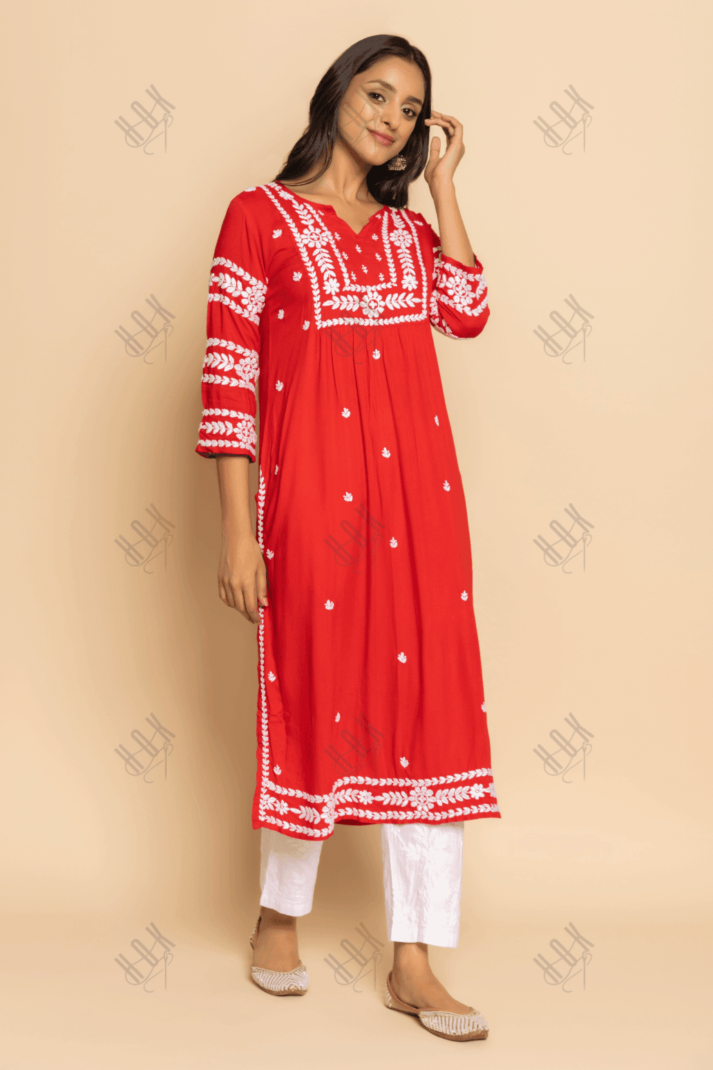 Farheen in Chikankari Long Kurta in Rayon Cotton for Women- Red - House Of Kari (Chikankari Clothing)