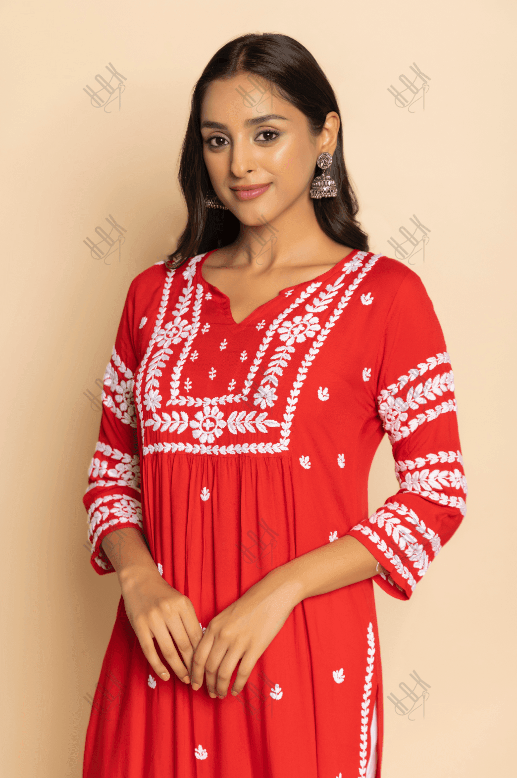 Farheen in Chikankari Long Kurta in Rayon Cotton for Women- Red - House Of Kari (Chikankari Clothing)