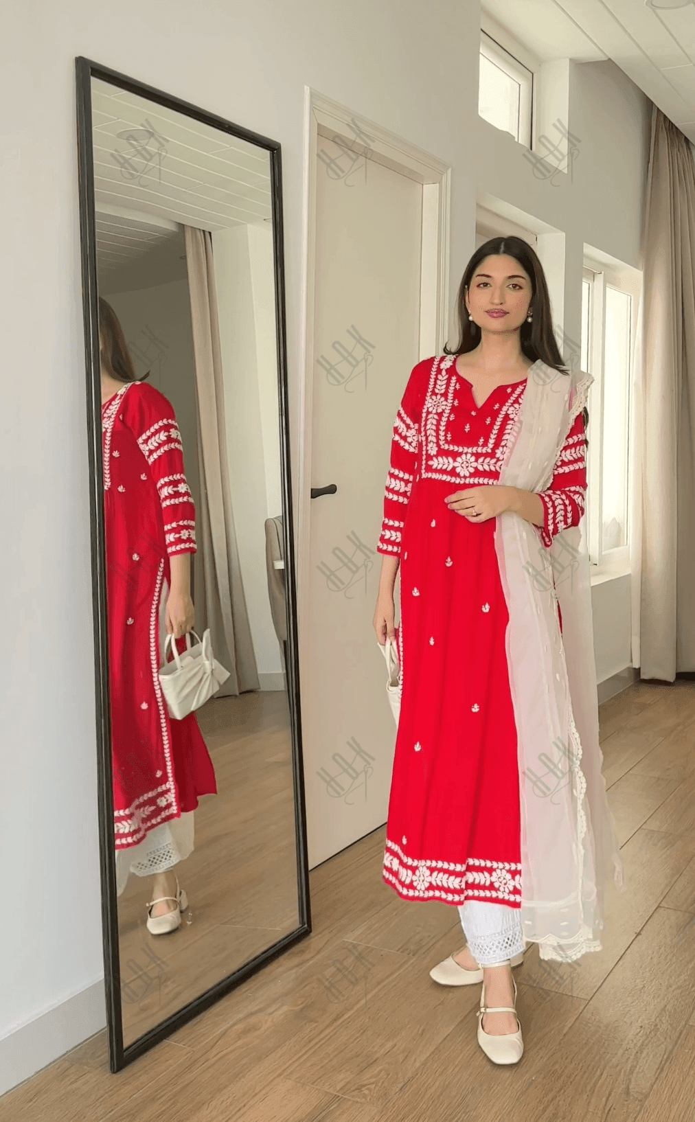 Farheen in Chikankari Long Kurta in Rayon Cotton for Women- Red - House Of Kari (Chikankari Clothing)