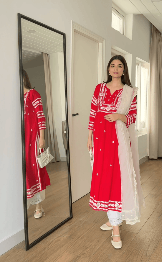 Farheen in Chikankari Long Kurta in Rayon Cotton for Women- Red - House Of Kari (Chikankari Clothing)